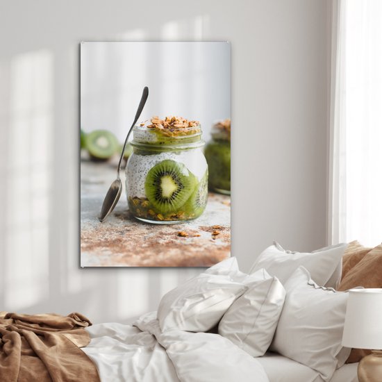 MuchoWow® Glasschilderij 80x120 cm - Schilderij acrylglas - Kiwi - Pudding - Eten - Foto op glas - Schilderijen