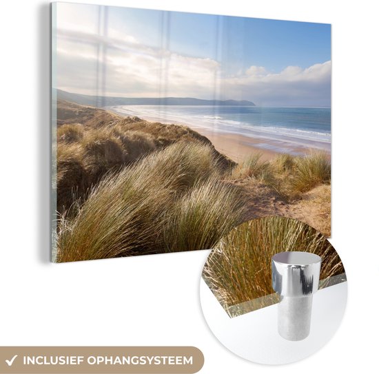 MuchoWow® Glasschilderij 30x20 cm - Schilderij acrylglas - Duin - Strand - Water - Foto op glas - Schilderijen