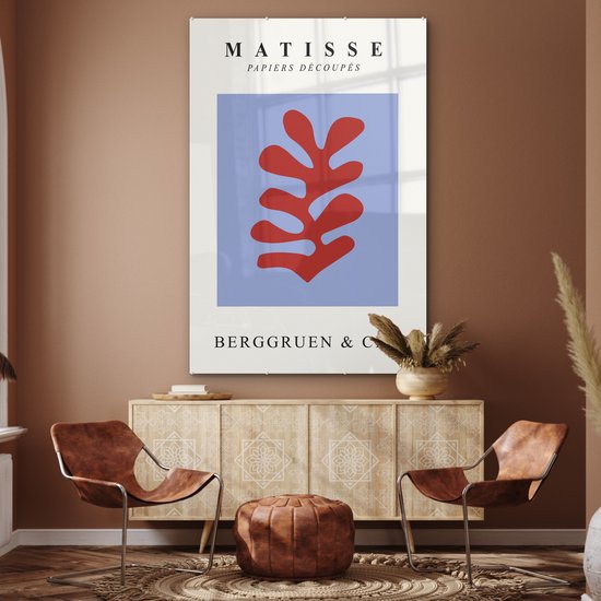 MuchoWow® Peinture sur verre 100x150 cm - Peinture sur verre acrylique - Matisse - Feuille - Rouge - Blauw - Abstrait - Photo sur verre - Peintures