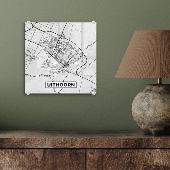 Peinture sur Verre - Carte de la Ville - Uithoorn - Grijs - Wit - 20x20 cm - Peintures sur Verre Peintures - Photo sur Glas - Carte