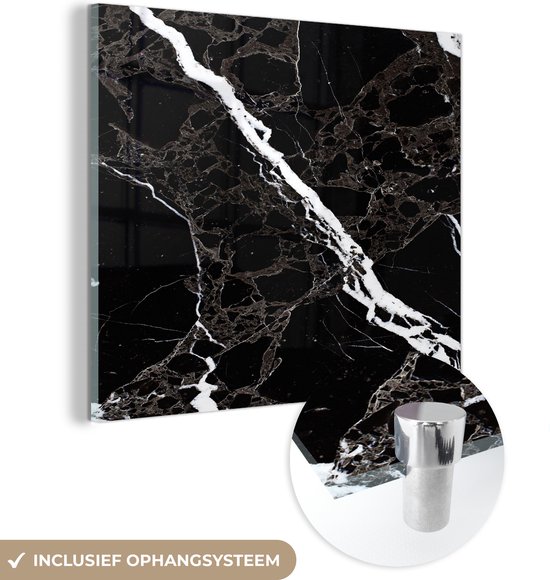MuchoWow® Glasschilderij 90x90 cm - Schilderij acrylglas - Marmer - Zwart - Wit - Patronen - Foto op glas - Schilderijen