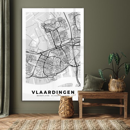MuchoWow® Peinture sur verre 100x150 cm - Peinture sur verre acrylique - Plan de la ville - Vlaardingen - Grijs - Wit - Photo sur verre - Peintures - Carte