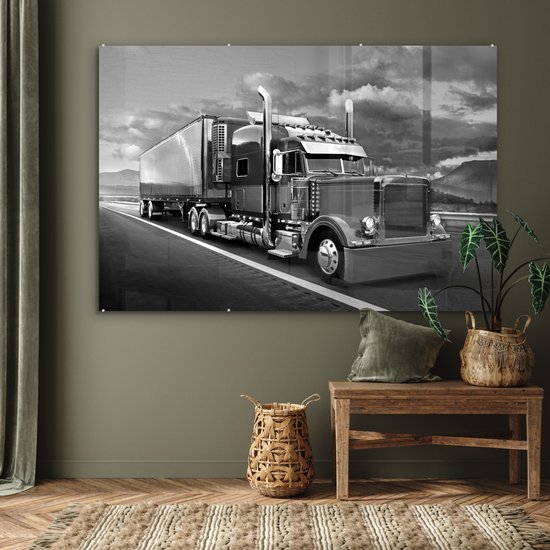 MuchoWow® Peinture sur Verre - Camion - noir et blanc - 180x120 cm - Peintures sur Verre Acrylique - Photo sur Glas
