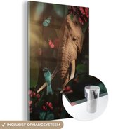 MuchoWow® Glasschilderij 80x120 cm - Schilderij acrylglas - Olifant - Vogel - Vlinder - Jungle - Foto op glas - Schilderijen