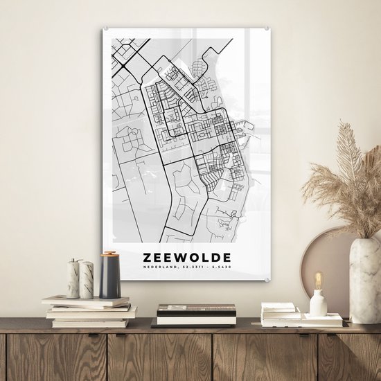 MuchoWow® Glasschilderij 40x60 cm - Schilderij acrylglas - Stadskaart - Zeewolde - Grijs - Wit - Foto op glas - Schilderijen - Plattegrond
