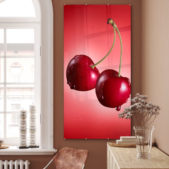 MuchoWow® Glasschilderij 80x160 cm - Schilderij acrylglas - Kersen - Fruit - Rood - Foto op glas - Schilderijen