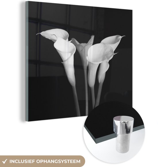 MuchoWow® Glasschilderij 20x20 cm - Schilderij acrylglas - Een close up van calla lily-bloemen op een zwarte achtergrond - Foto op glas - Schilderijen