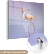 MuchoWow® Glasschilderij 90x90 cm - Schilderij acrylglas - Flamingo - Water - Roze - Foto op glas - Schilderijen