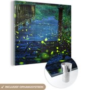 MuchoWow® Glasschilderij 90x90 cm - Schilderij acrylglas - Vuurvliegjes over een brug - Foto op glas - Schilderijen