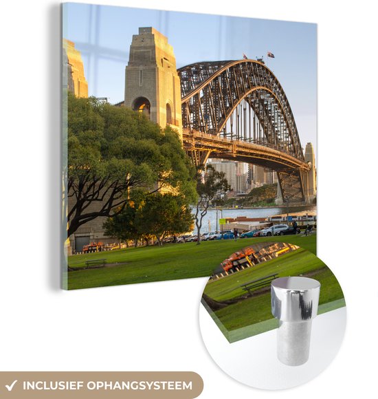 MuchoWow® Glasschilderij 90x90 cm - Schilderij acrylglas - Sydney Harbour Bridge in Australië in de middag - Foto op glas - Schilderijen