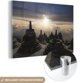 MuchoWow® Glasschilderij 60x40 cm - Schilderij acrylglas - Borobudur bij zonsondergang - Foto op glas - Schilderijen