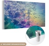 MuchoWow® Glasschilderij 160x80 cm - Schilderij acrylglas - Wolken met een regenboog - Foto op glas - Schilderijen