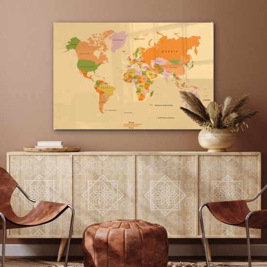 Carte du monde colorée sur fond vert clair Plexiglas 120x80 cm - Tirage photo sur verre (décoration murale plexiglas)