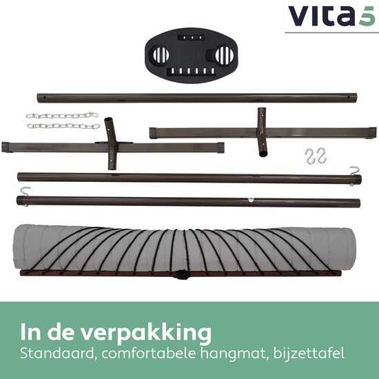 Vita5 Hangmat met Standaard en Spreidstok – 2 Persoons – incl. Bekerhouder - Afneembaar kussen – uv-bestendig – Lichtgrijs - Vita5