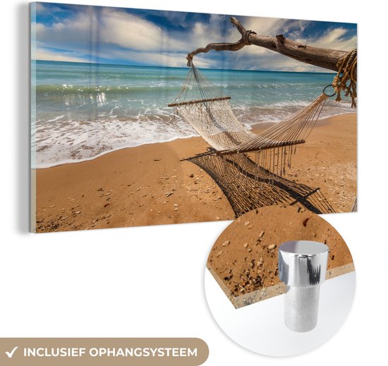 MuchoWow® Glasschilderij 40x20 cm - Schilderij acrylglas - Strand - Zee - Hangmat - Foto op glas - Schilderijen