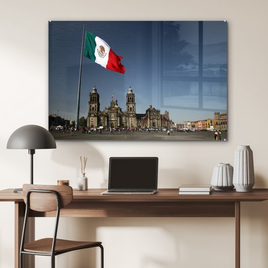 Cathédrale de Mexico et le drapeau mexicain Plexiglas 120x80 cm - Tirage photo sur Glas (décoration murale en plexiglas)