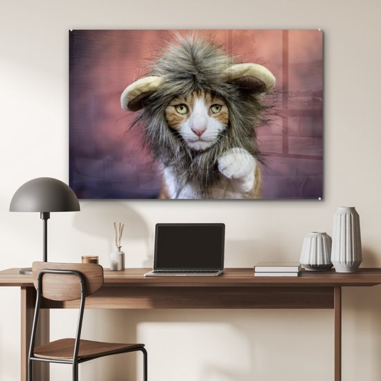 MuchoWow® Peinture sur Verre - Chat - Costume - Lion - 120x80 cm - Peintures sur Verre Acrylique - Photo sur Glas