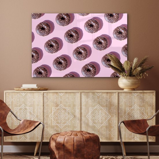 MuchoWow® Peinture sur verre 120x80 cm - Peinture sur verre acrylique - Beignets au chocolat sur fond rose - Photo sur verre - Peintures