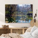Acrylglas schilderij van een rivier in een herfstbos. Zonnestralen breken door de bomen. Duidelijke reflecties in het water.