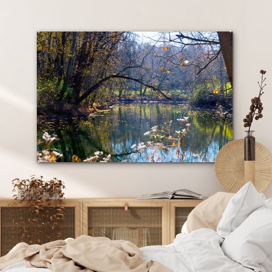 Acrylglas schilderij van een rivier in een herfstbos. Zonnestralen breken door de bomen. Duidelijke reflecties in het water.