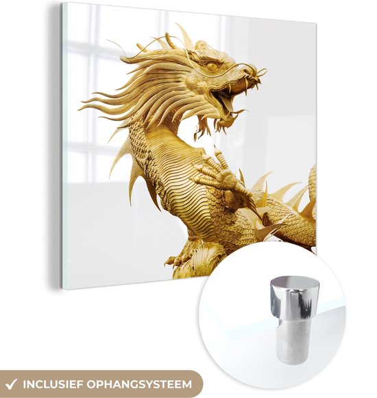MuchoWow® Glasschilderij 20x20 cm - Schilderij acrylglas - Gouden standbeeld van een Chinese draak - Foto op glas - Schilderijen