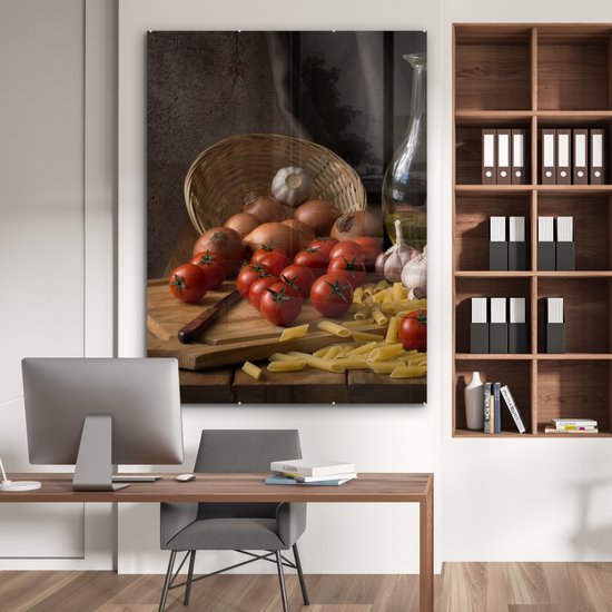 MuchoWow® Tableau sur verre 120x160 cm - Tableau sur verre acrylique - Planche à découper - Légume - Nature morte - Pâtes - Oignon - Tomate - Planche à découper - Photo sur verre - Décoration murale salon - Décoration murale chambre - Peintures