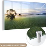 MuchoWow® Glasschilderij 120x60 cm - Schilderij acrylglas - Mistig veld met een eenzame boom - Foto op glas - Schilderijen