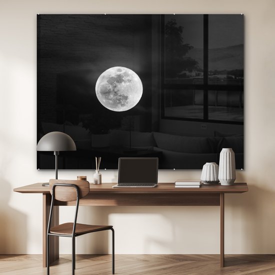 MuchoWow® Peinture sur verre 160x120 cm - Peinture sur verre acrylique - Pleine lune dans le ciel nocturne - noir et blanc - Photo sur verre - Peintures
