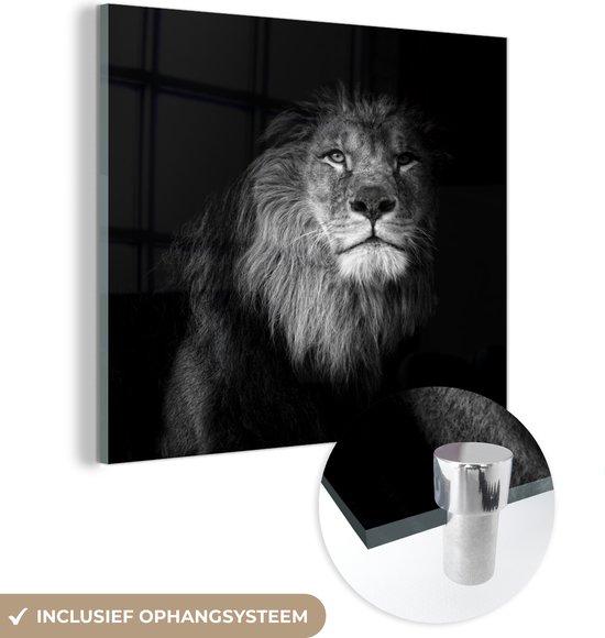 MuchoWow® Glasschilderij 20x20 cm - Schilderij acrylglas - Leeuw - Dier - Zwart - zwart wit - Foto op glas - Schilderijen