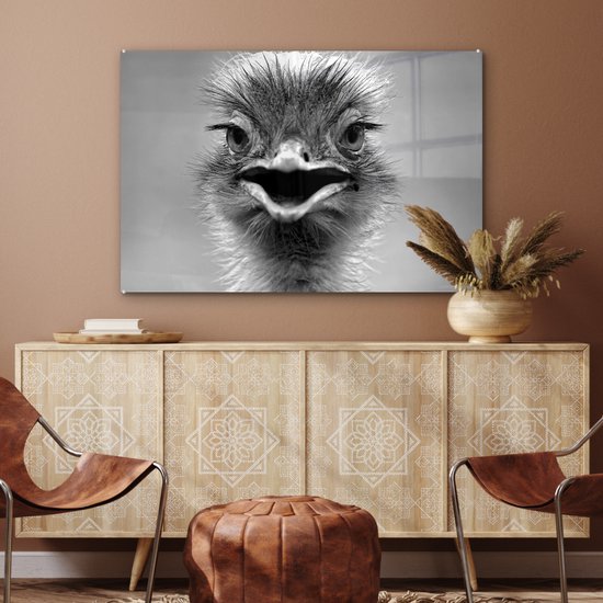 MuchoWow® Peinture sur verre 120x80 cm - Peinture sur verre acrylique - Autruche en gros plan - noir et blanc - Photo sur verre - Peintures
