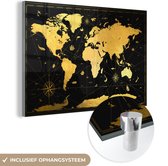 Peinture sur Verre - Carte du Wereldkaart - Or - Zwart - Luxe - 60x40 cm - Peintures Plexiglas
