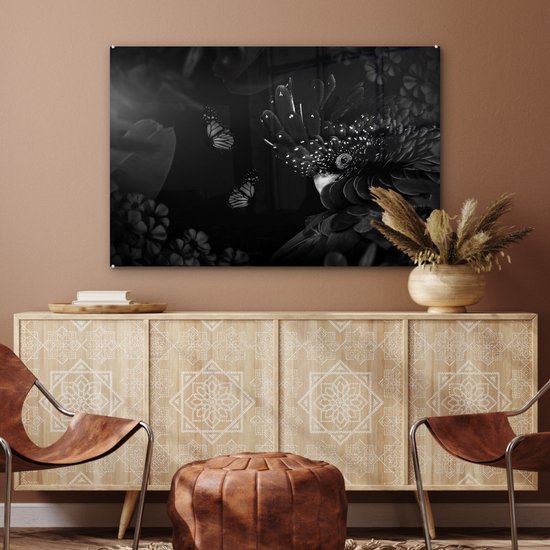 Glasschilderij - Jungle - Vogel - Vlinder - Bloemen - 90x60 cm - Acrylglas Schilderijen - Foto op Glas - Slaapkamer decoratie