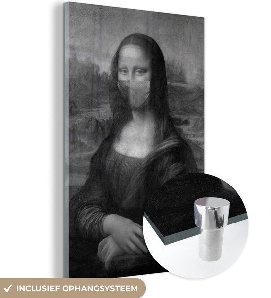 MuchoWow® Peinture sur Verre - Mona Lisa avec un masque bleu foncé - peinture de Leonardo de Vinci - noir et blanc - 40x60 cm - Peintures sur Verre Acrylique - Photo sur Glas