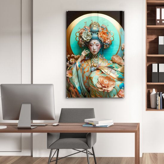 ® Glasschilderij 80x120 cm - Schilderij acrylglas - Vrouw - Kimono - Bloemen - Goud - Portret - Foto op glas - Muurdecoratie woonkamer - Wanddecoratie slaapkamer - Schilderijen
