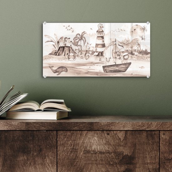 MuchoWow® Peinture sur verre 40x20 cm - Peinture sur verre acrylique - Plage - Enfants - Phare - Alpaga - Mer - Animaux - Photo sur verre - Peintures