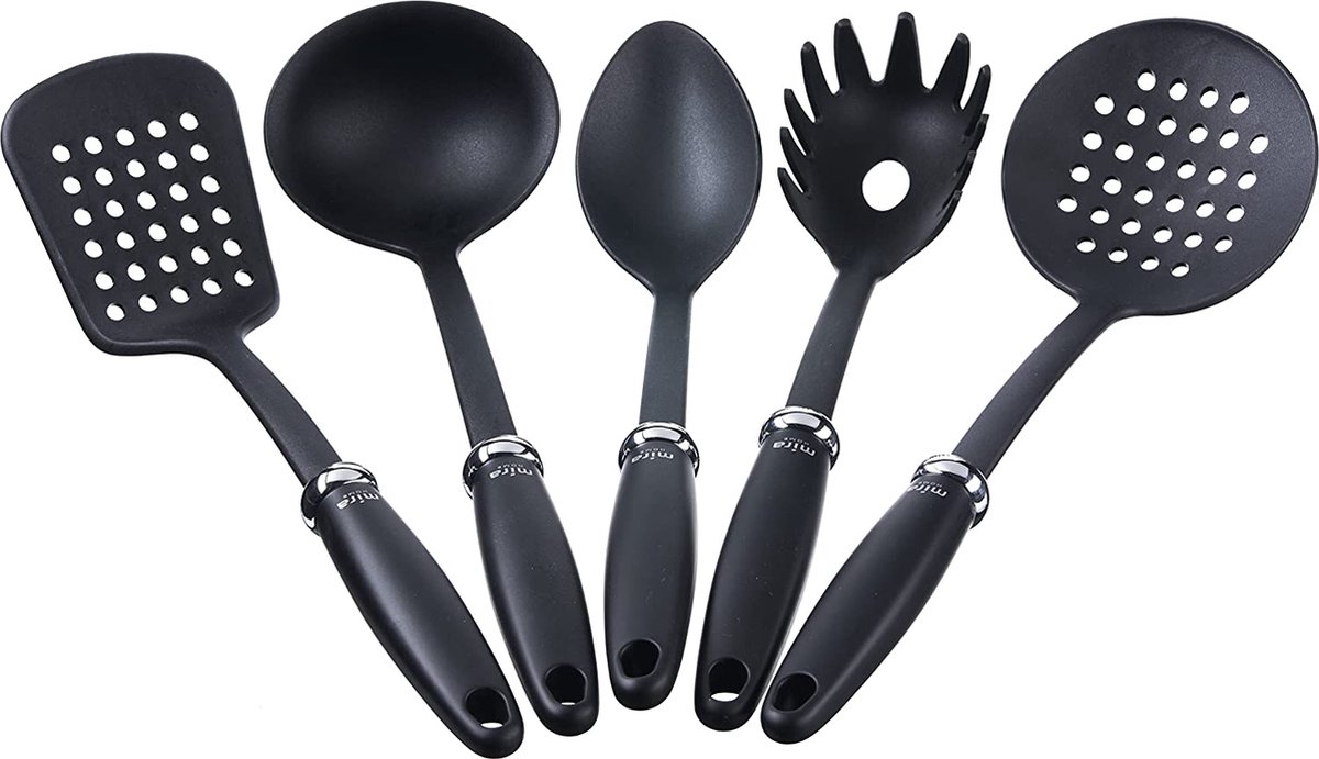 Keukenhulpset, 5-delig, kunststof pollepel, sauslepel, abseielepel, spaghettilepel, spatel vierkant & rond, zwart