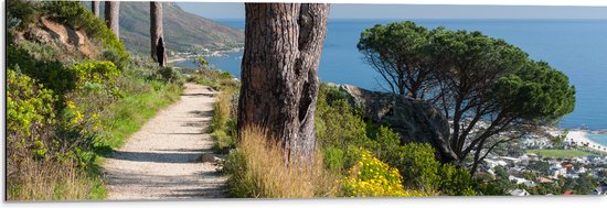 Dibond - Looppad op Bergen met Uitzicht op Dorpje aan Zee - 90x30 cm Foto op Aluminium (Met Ophangsysteem)