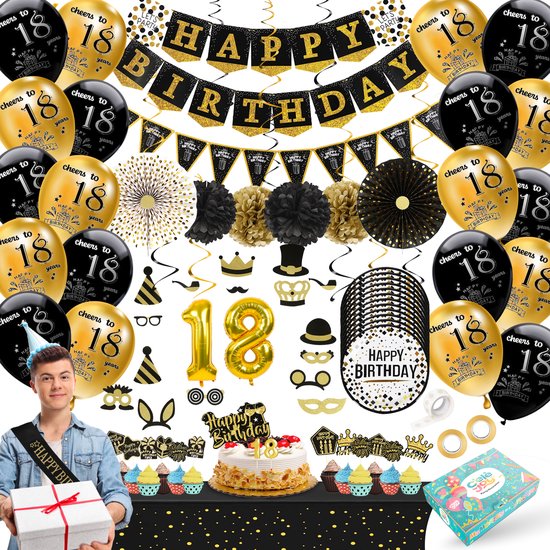 Celejoy® 18 Jaar 92-Delig Zwart & Goud Verjaardags feestpakket - Ballonnen, Slingers & Taarttopper - Voor Jongens, Meisjes - Ultieme Feestdecoratie