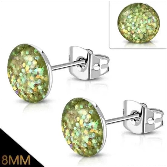 Aramat jewels ® - Oorbellen zweerknopjes glitter licht groen acryl staal 8mm