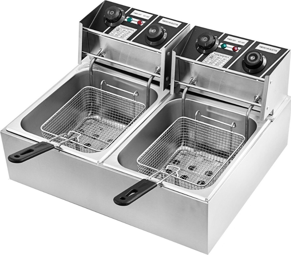 8L 8L dubbele friteuse, grote capaciteit gasfriteuse, roestvrijstalen keuken commerciële dubbele tank vetfriteuse Dubbele frituurmachine, met dubbele mand en deksel, instelbare temperatuurregeling