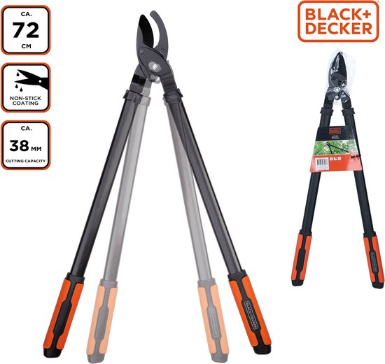 Zwarte takkenschaar met oranje handvatten, 72 cm lang, 38 mm snijcapaciteit en anti-kleeflaag.