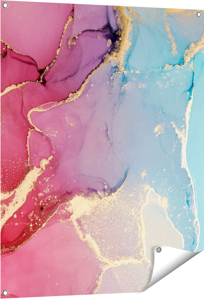 Gards Tuinposter Abstracte Kunst van Marmer - Roze met Blauw - 80x100 cm - Tuindoek - Tuindecoratie - Wanddecoratie buiten - Tuinschilderij Multikleur