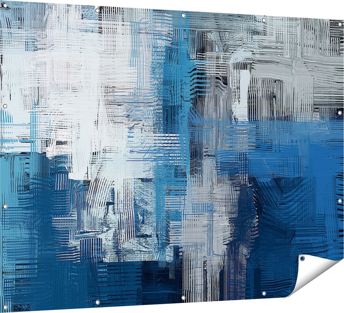 Gards Tuinposter Abstracte Kunst - Blauw Witte Penseelstreken - 160x120 cm - Tuindoek - Tuindecoratie - Wanddecoratie buiten - Tuinschilderij Multikleur