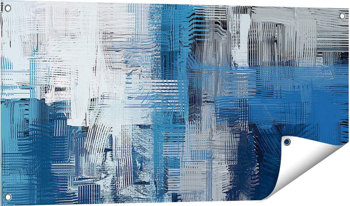 Gards Tuinposter Abstracte Kunst - Blauw Witte Penseelstreken - 100x50 cm - Tuindoek - Tuindecoratie - Wanddecoratie buiten - Tuinschilderij Multikleur