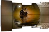 GroepArt - Canvas Schilderij - Boot - Bruin, Grijs - 150x80cm 5Luik- Groot Collectie Schilderijen Op Canvas En Wanddecoraties