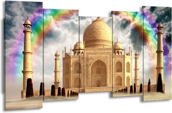 GroepArt - Canvas Schilderij - Taj Mahal - Crème - 150x80cm 5Luik- Groot Collectie Schilderijen Op Canvas En Wanddecoraties