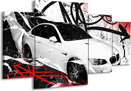 GroepArt - Schilderij -  Auto, BMW - Wit, Rood, Zwart - 160x90cm 4Luik - Schilderij Op Canvas - Foto Op Canvas