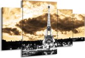 GroepArt - Schilderij -  Eiffeltoren - Grijs, Bruin, Zwart - 160x90cm 4Luik - Schilderij Op Canvas - Foto Op Canvas