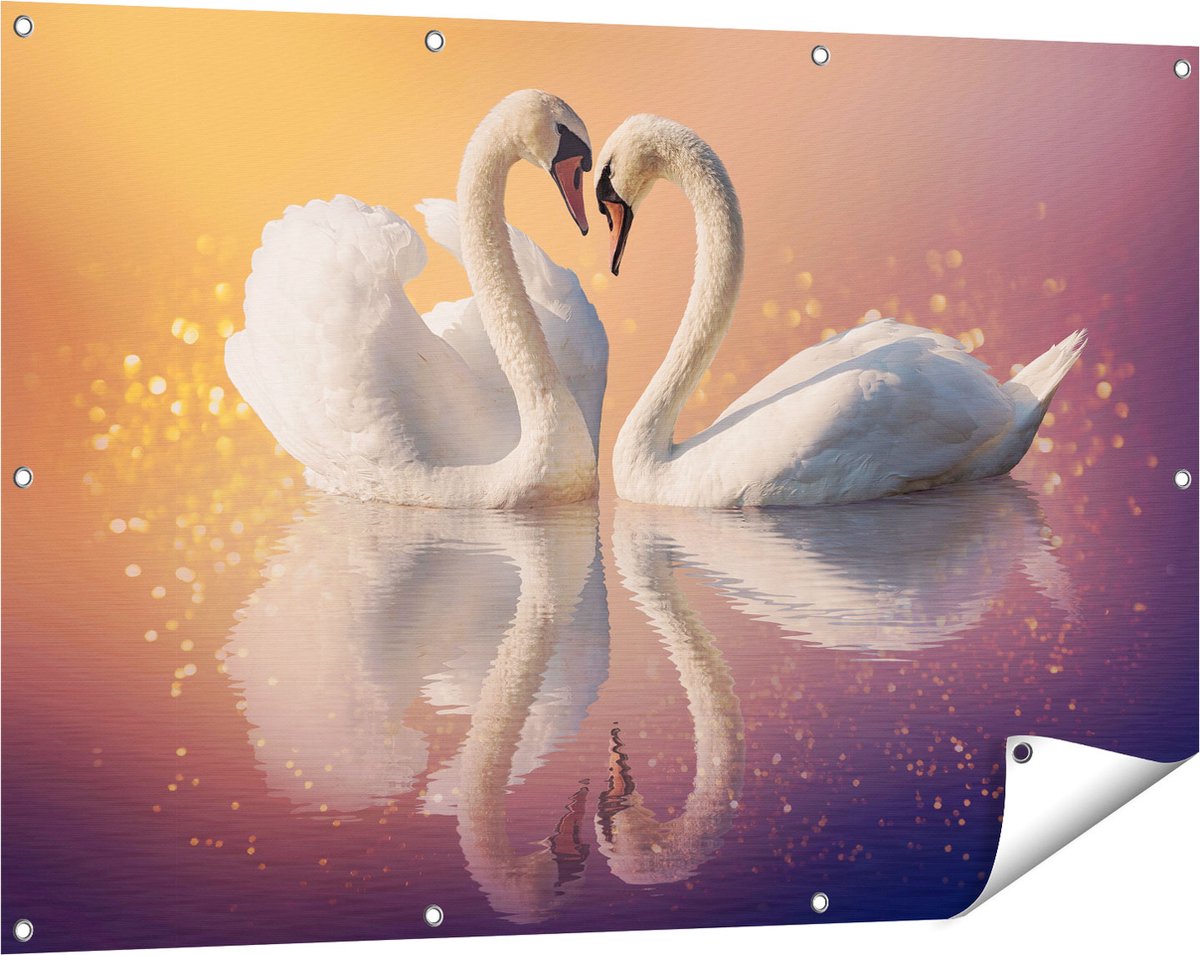 Gards Tuinposter Zwanen Koppel in een Hart Vorm - 120x80 cm - Tuindoek - Tuindecoratie - Wanddecoratie buiten - Tuinschilderij Multikleur