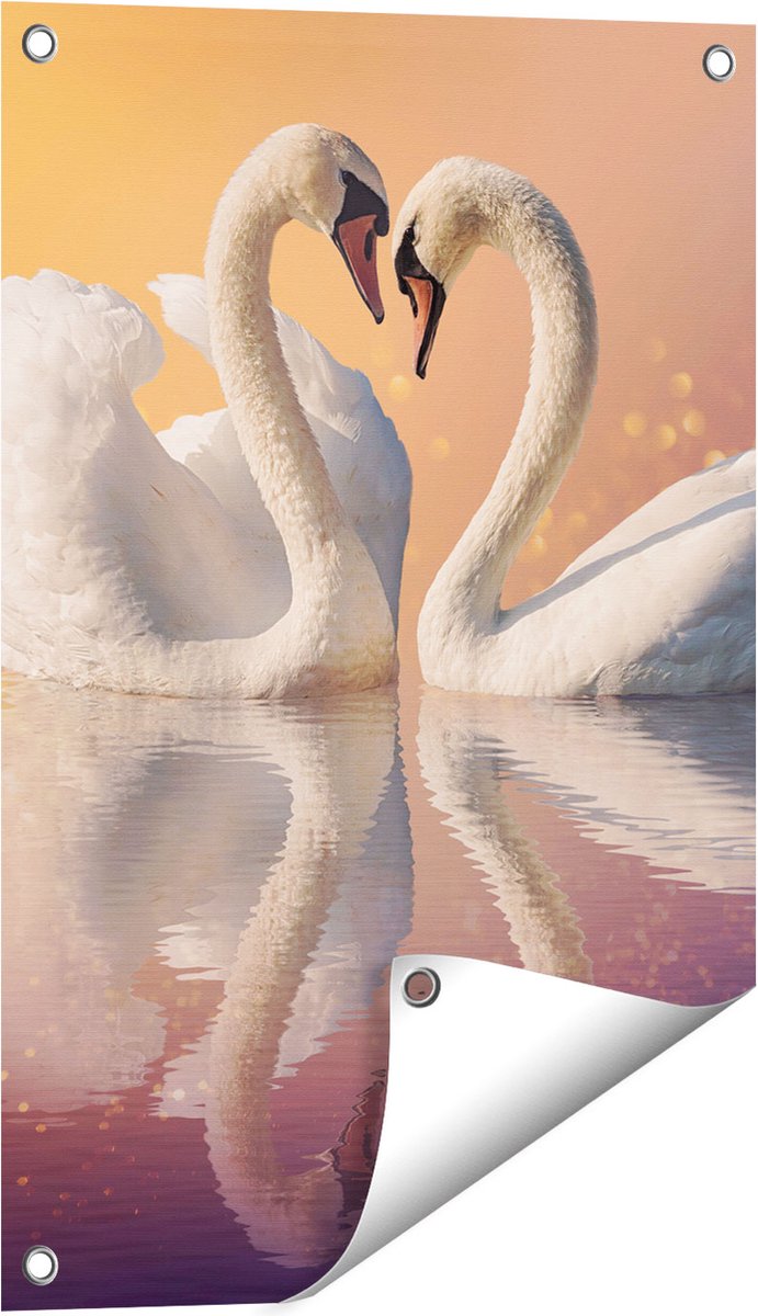 Gards Tuinposter Zwanen Koppel in een Hart Vorm - 40x60 cm - Tuindoek - Tuindecoratie - Wanddecoratie buiten - Tuinschilderij Multikleur